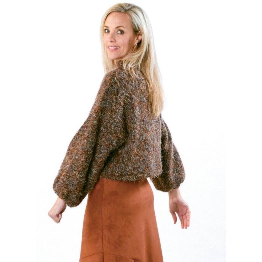 Bryn Walker Virgin Wool Blend Sweater Puff Sleeve Brown Multi Size Medium Luxury